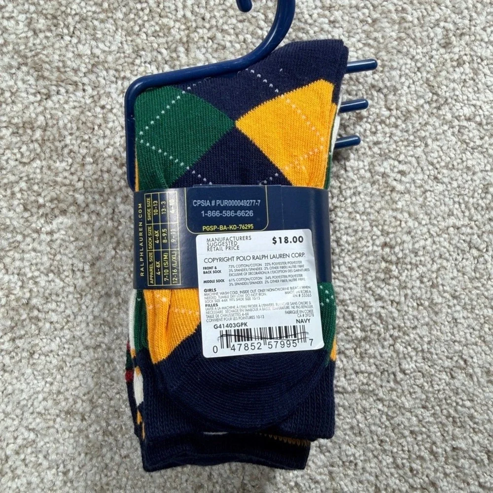 Polo Ralph Lauren Girls 3 Pack Crew Socks Navy Argyle White Varsity Size 4-6X